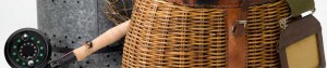 Picture of fly rod, wicker basket, and bucket
